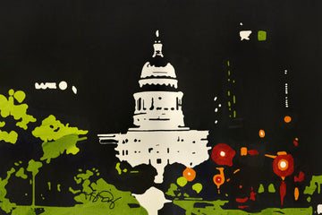 The Capitol building in Austin Texas at night. A screen print by artist Michelle SaintOnge