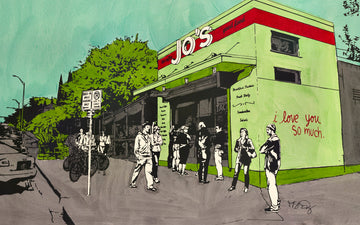 A screenprint of Jo's coffee on South Congress Ave by Michelle SaintOnge.