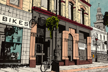 A screenprint illustration of the corners of Barrington St and Prince St Halifax, Nova Scotia.
