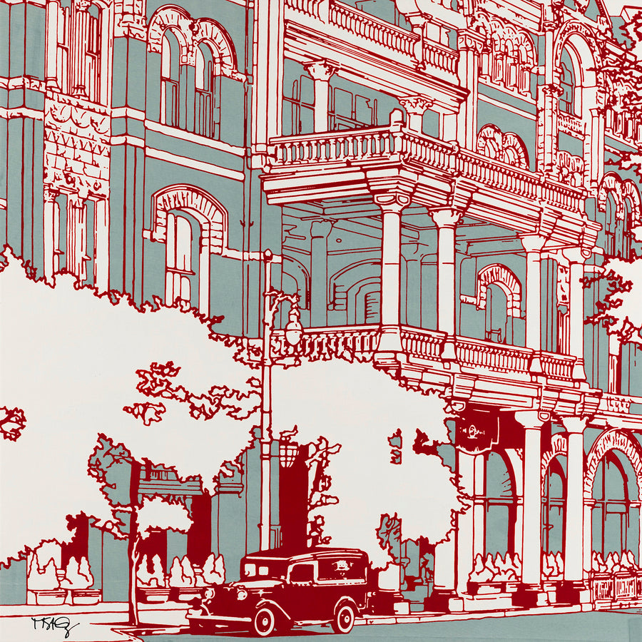 Graphic screen print of famed Driskill Hotel which may or may not be haunted.