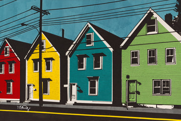A screen print of colorful historic saltbox homes in Halifax, Nova Scotia by artist Michelle SaintOnge.