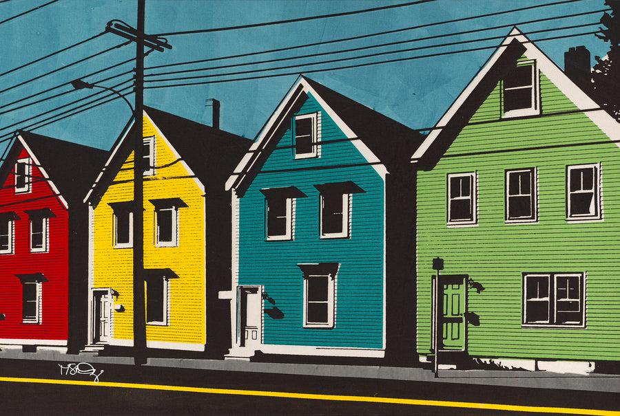 A screen print of colorful historic saltbox homes in Halifax, Nova Scotia by artist Michelle SaintOnge.