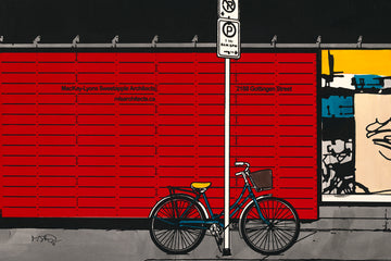 A screen print by Michelle Saintonge of a colourful street with a bike and graffiti.