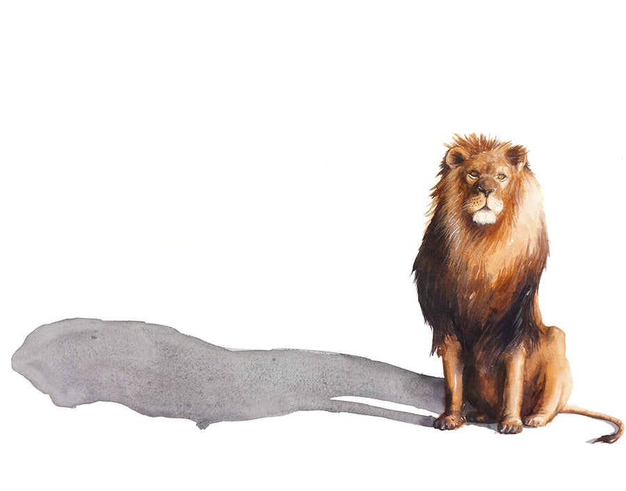 The majestic lion with his long shadow painted in watercolour by Michelle SaintOnge.
