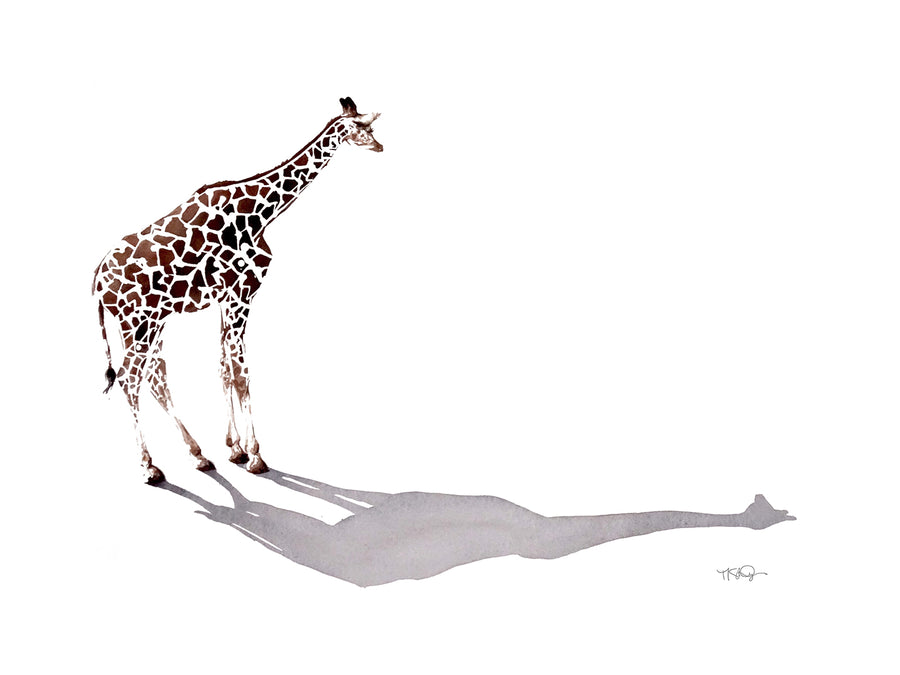 Elegant giraffe with it's long shadow painted in watercolour by artist Michelle SaintOnge.