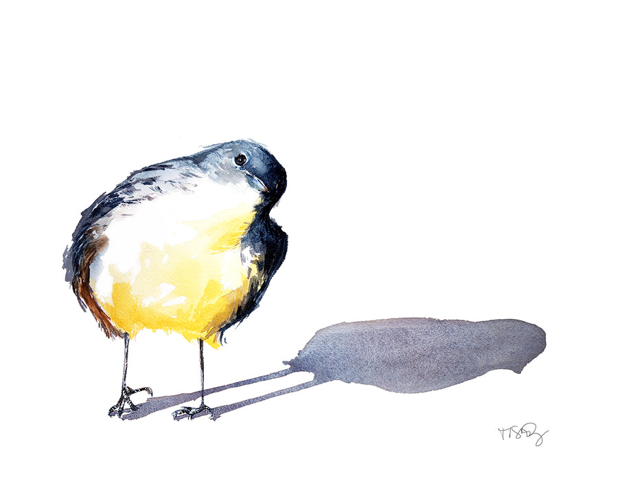 A cute plump warbler painted in watercolor by artist Michelle SaintOnge.