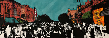 A graphic screen print of 6th St in Austin during the pandemonium of SXSW by artist Michelle SaintOnge.