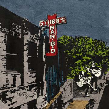 A screenprint of two guitar players outside Stubb's bbq; a famed Austin music venue.