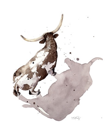 Watercolor painting  of a stoic Texas longhorn with his shadow by artist Michelle SaintOnge.