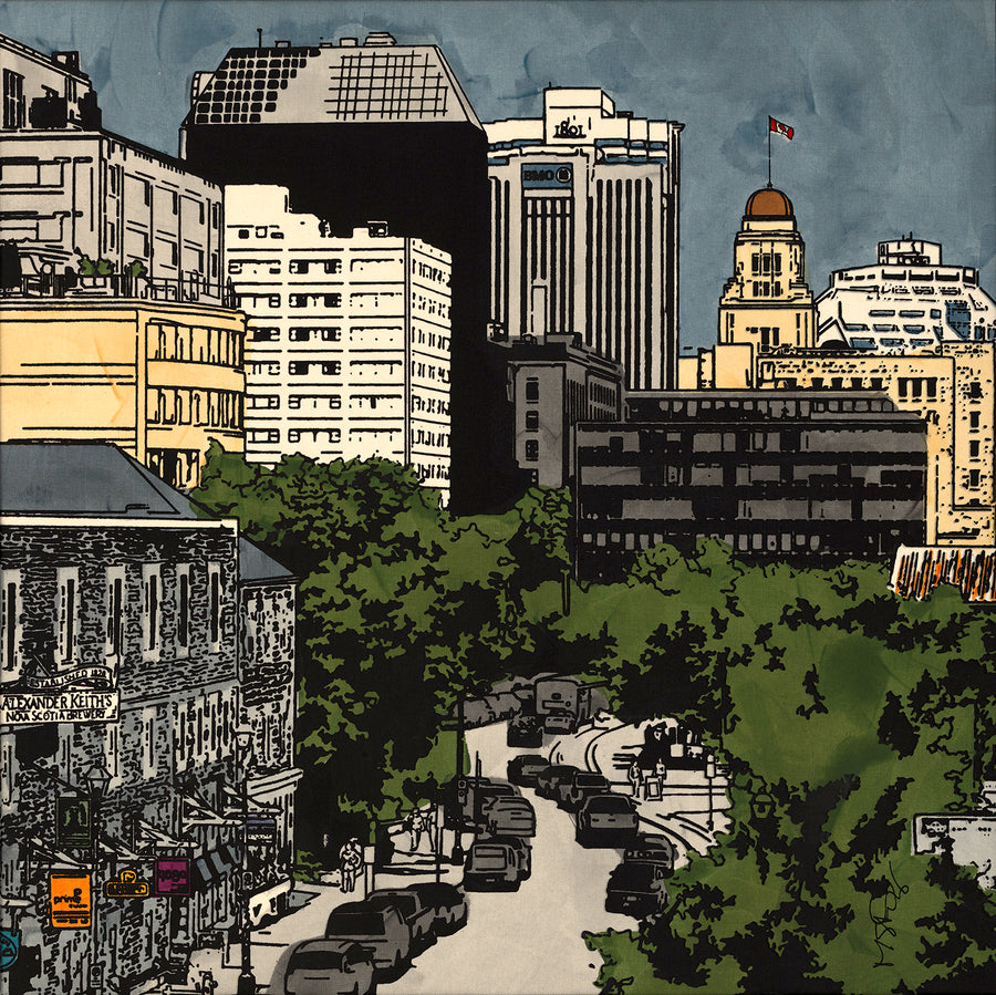 A screen print of Historic Halifax by artist Michelle Saintonge.